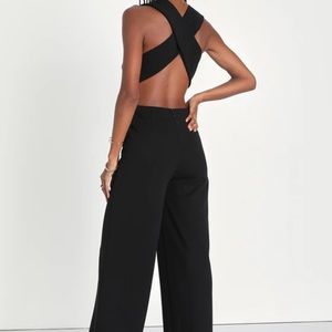 Lulus Black Jumpsuit Thinking Out Loud Criss-cross Back Wide Leg Party Small NWT
